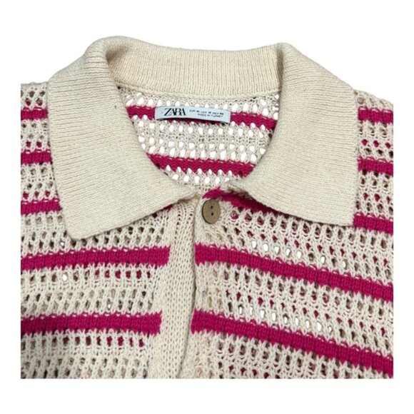 Zara Sweater Womens Medium Striped Button Up Short Sleeve Knit Collared Pullover - Picture 5 of 9